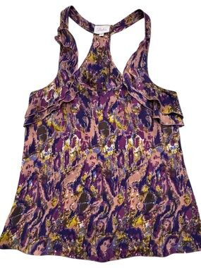 Parker Silk Ruffle Racerback Tank Top – Abstract Print | Size S